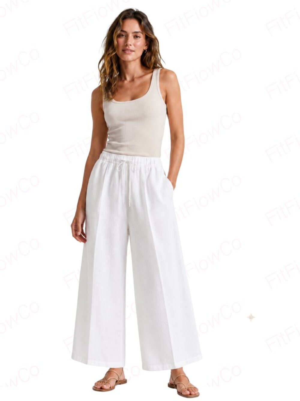 ZARA White 100% Linen Wide Leg Pull On Pants Size S Drawstring